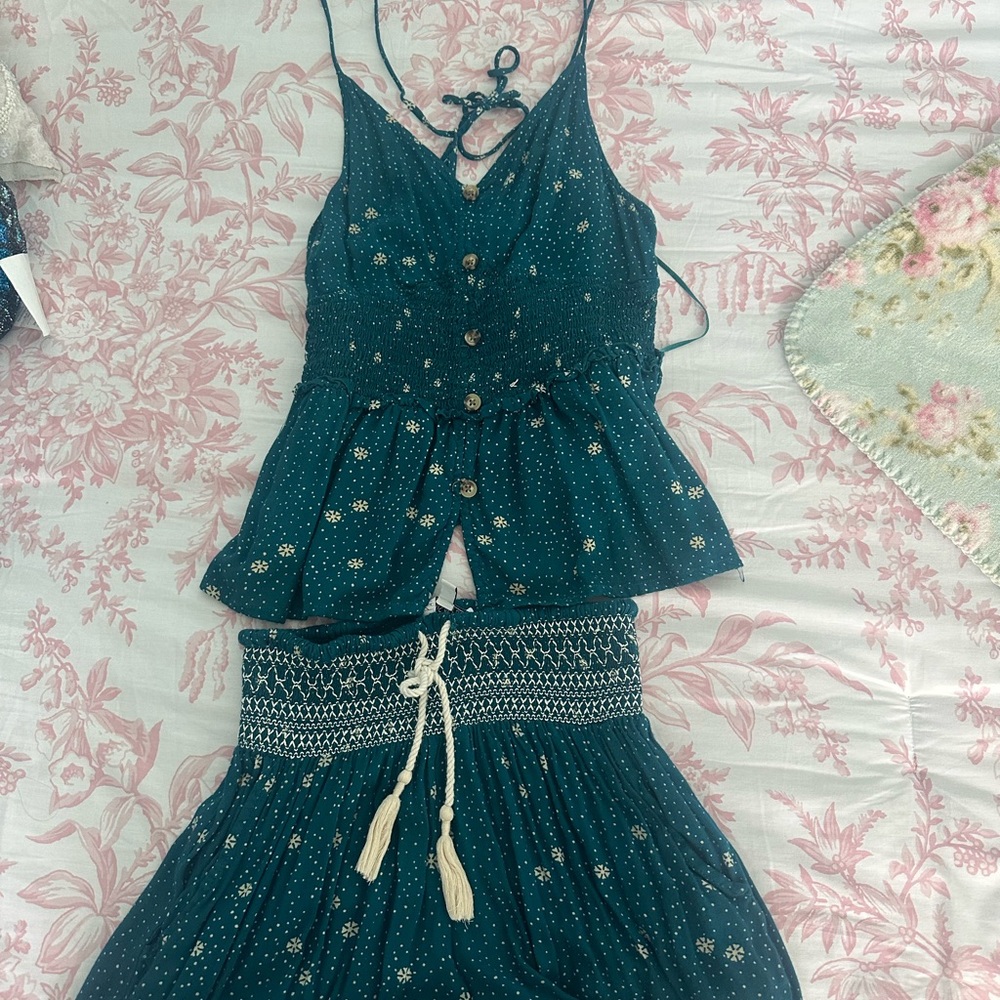 Teal Floral Button-Up Top and Skirt Set